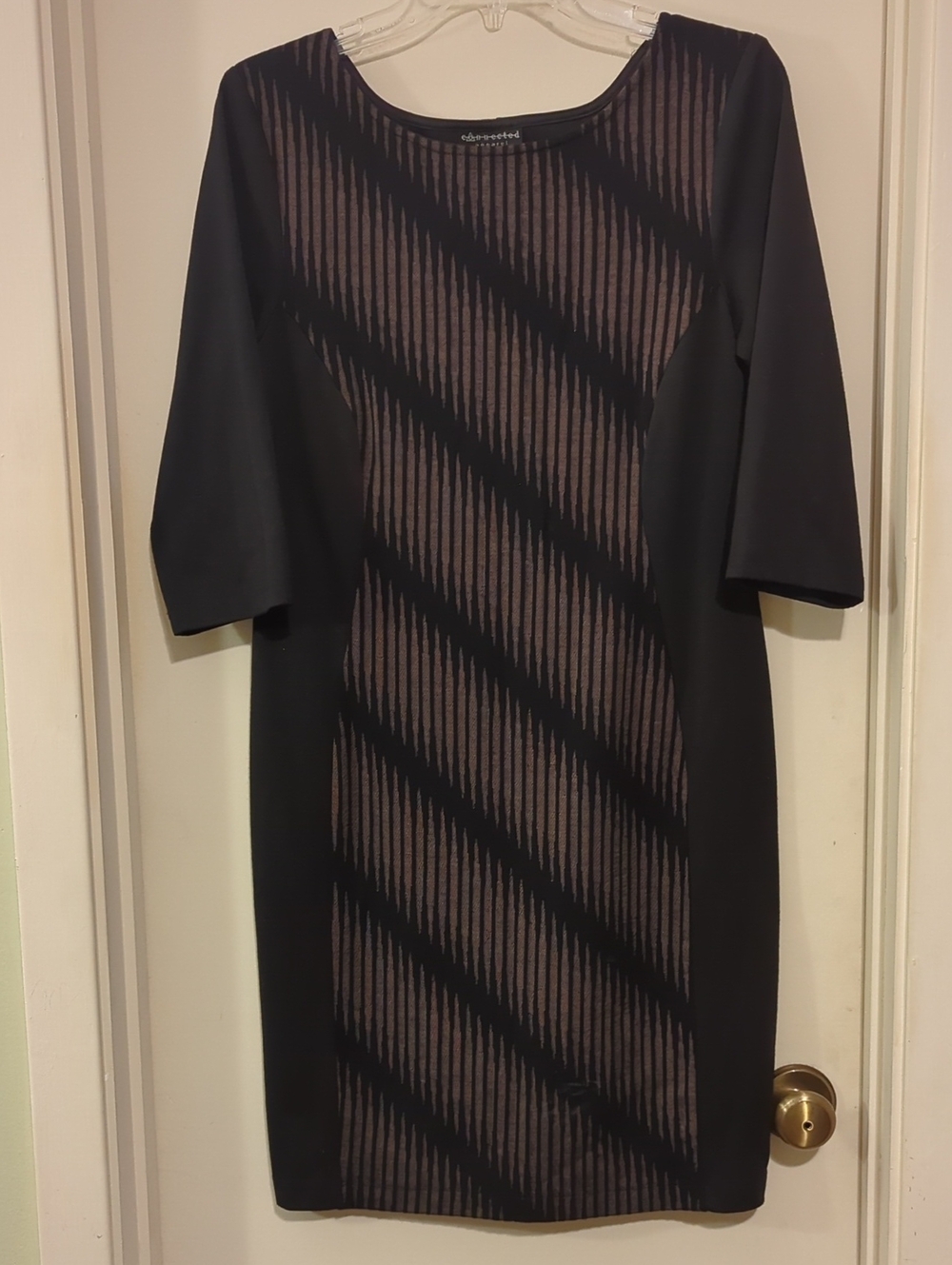 connected apparel Black Midi Dress with Taupe Striped Panel
